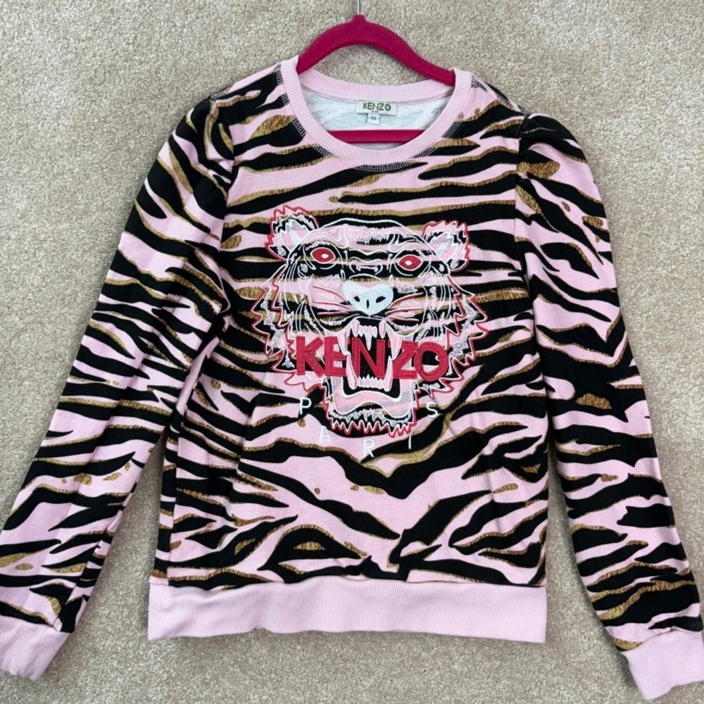 KENZO Sweatshirt Kid's Girls 14 Pink Tiger Stripe Gold Glitter Designer